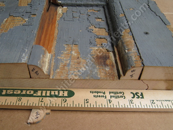 Degraded wood detail from Tufts Capen House awaiting custom milling for restoration.