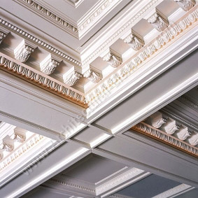 Intricately designed ceiling with decorative mouldings and paneling