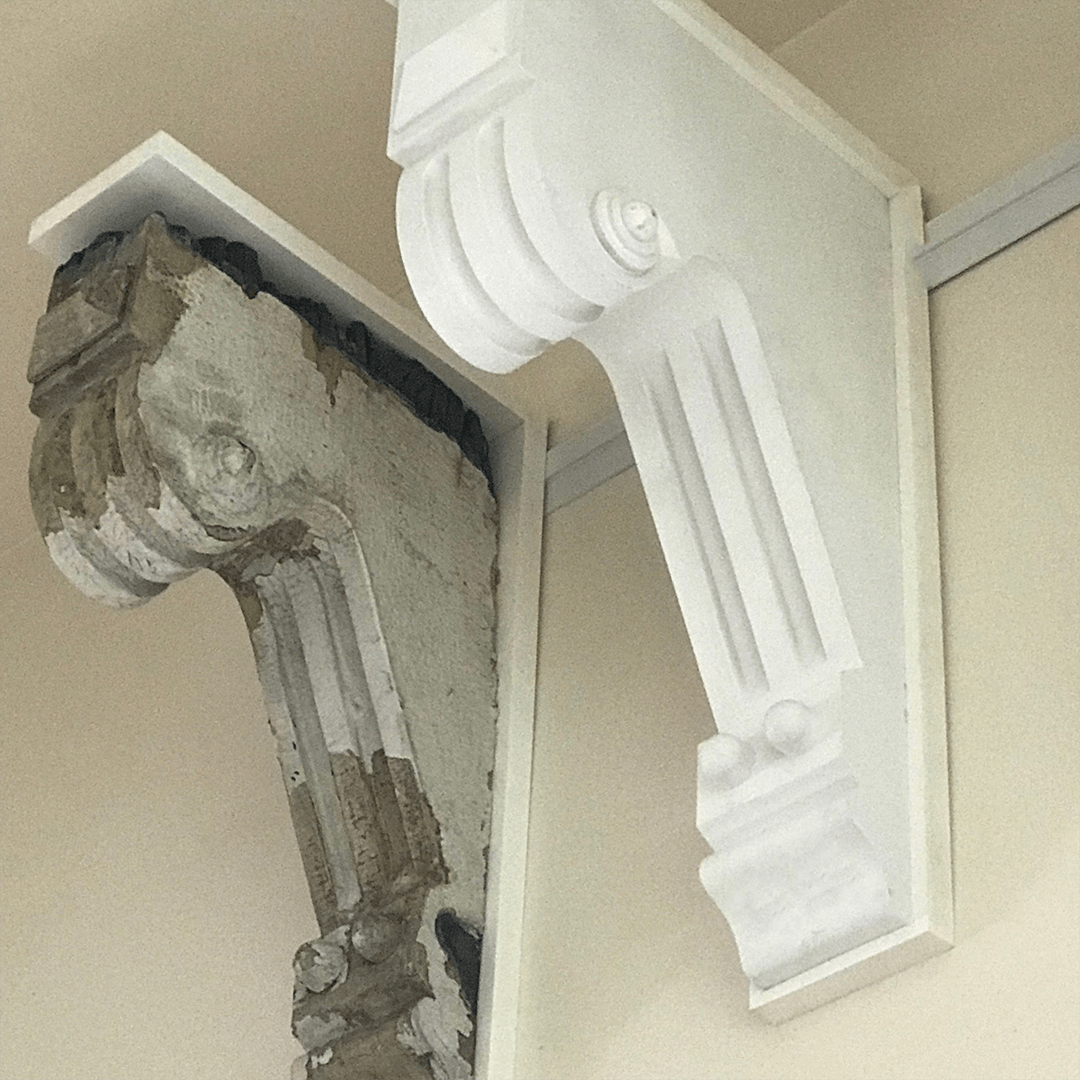 Before and after comparison of architectural brackets restoration